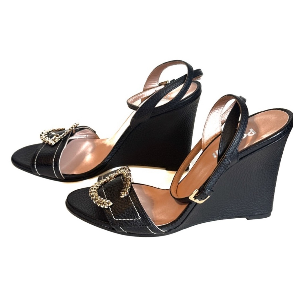 Pollini Black Leather Wedge with Gold Laurel Wreath